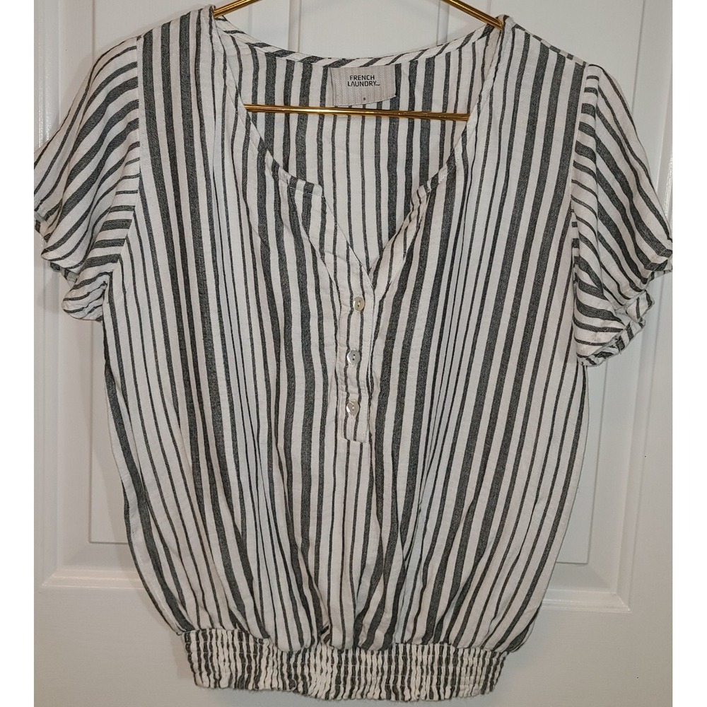 French Laundry V Neck Blouse Flutter Sleeve White Grey Cinched Hem French Flirty